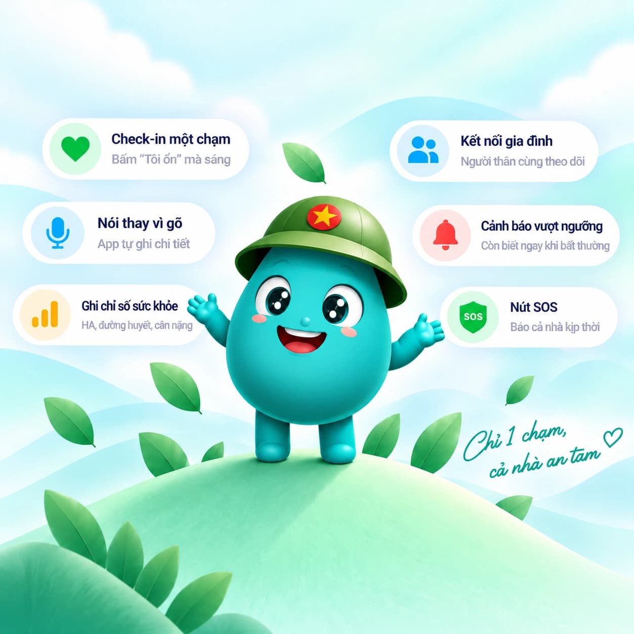 Linh vật Asinu cùng các tính năng chính: check-in một chạm, nói thay vì gõ, ghi chỉ số sức khỏe, kết nối gia đình