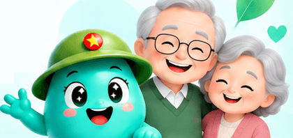 Linh vật Asinu vẫy tay bên ông bà đang cười hạnh phúc