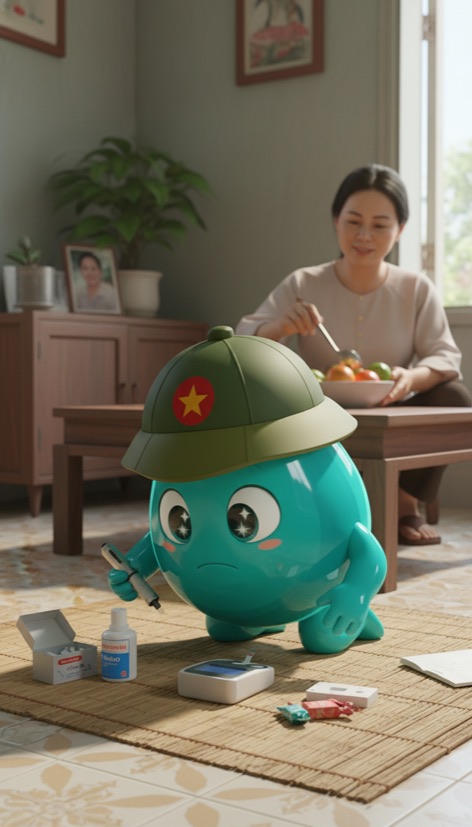 Linh vật Asinu chuẩn bị dụng cụ đo sức khỏe trên chiếu trong phòng khách