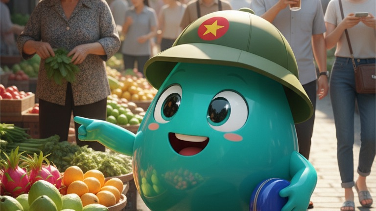 Linh vật Asinu vui vẻ chỉ vào sạp rau quả tươi ở chợ Việt Nam