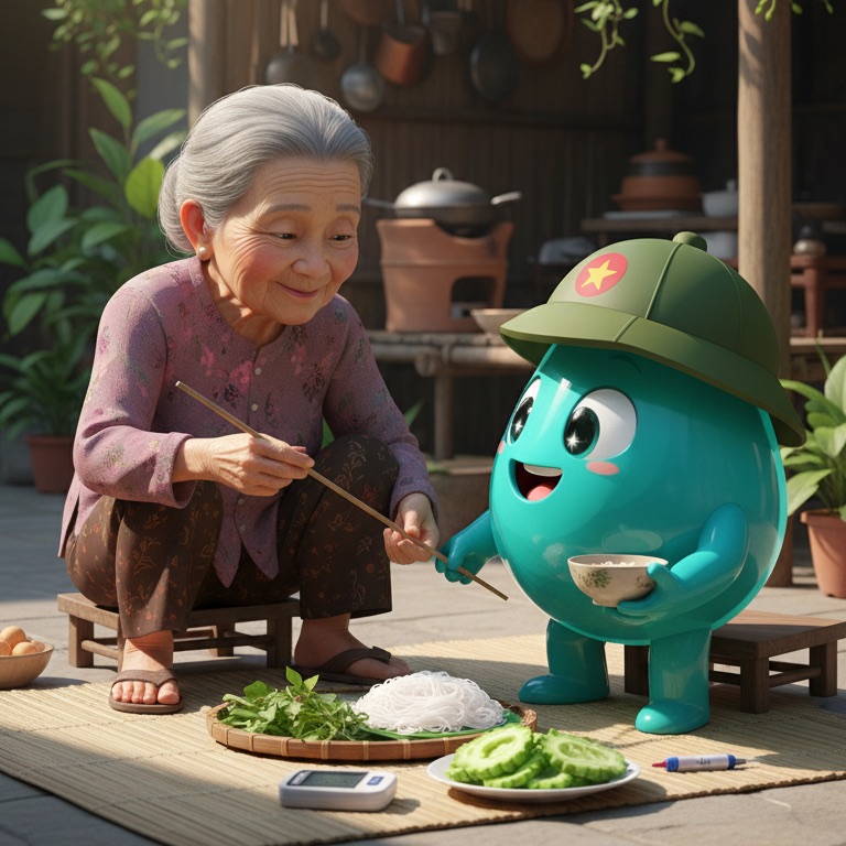 Bà cụ ngồi ăn cơm ngoài hiên cùng linh vật Asinu, bên cạnh có máy đo đường huyết