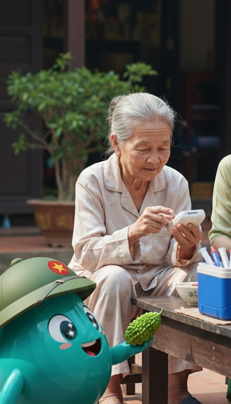 Bà cụ tự đo chỉ số sức khỏe tại nhà, linh vật Asinu đưa quả mướp đắng